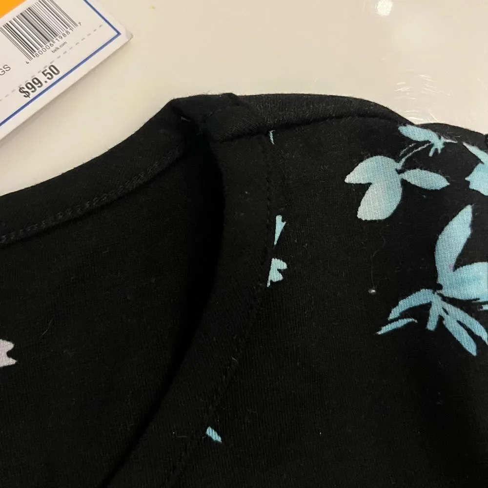 NWT Kaari Blue Floral Dress with Sheer Polka Dot Sleeve Detail